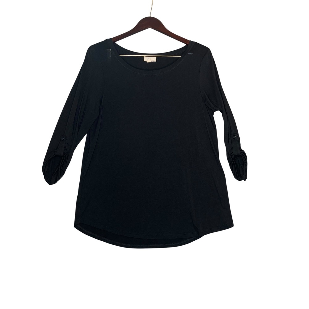Cupio Tunic Blouse Womens L Black Roll Tab Sleeve Viscose Spandex Casual Soft
